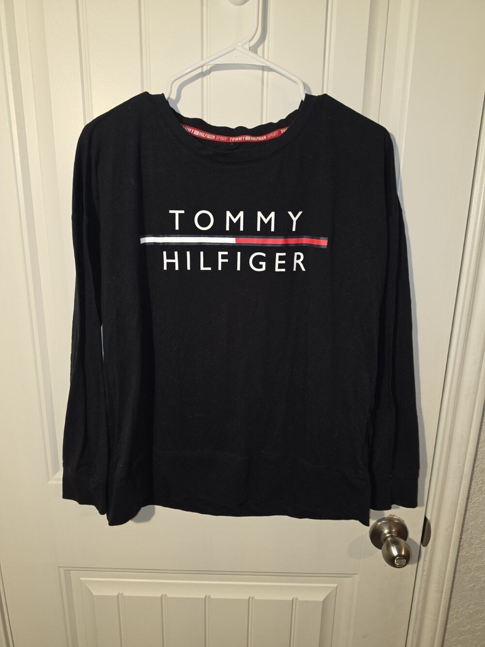 Tommy Hilfiger Sport Long Sleeve T Shirt Black Logo Spell Out Crewneck Size M